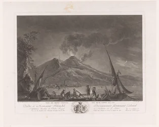 Landskap med fiskere og aktive Vesuv Vue du mont Vesuve tel quil etoit en 1757 (tittel på objekt)