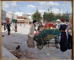 Blomsterhandler på Boulevard Rochechouart i Paris (Marche de la Madeleine). Maleri av Norbert Goeneutte (1854-1894)