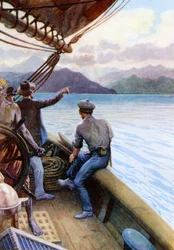"Cruising blant Sørhavsøyene, Norfolk Island i sikte", 1908