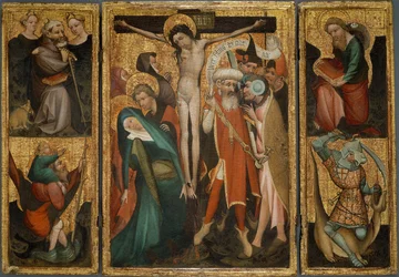 Triptykon av korsfestelsen med de hellige Antonius, Kristoffer, Jakob og Georg, ca. 1400 (tempera og olje (anslått) på panel)
