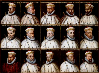 Våpenskjold fra republikken gener og portretter av dogene. Gio. Battista Gentile Pignolo, Nicolò Doria, Gerolamo De Franchi Toso, Gerolamo Chiavari, Ambrogio Di Negro, Davide Vacca (eller Vaccari), Battista Negrone, Gio Giustiniani Campi, Antonio Grimal