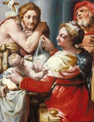 Den hellige familie med døperen Johannes (olje på tre)