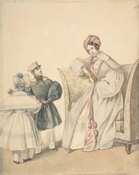 Motetegning med en kvinne som sitter i en stol med en gutt og jente, 1800-tallet.