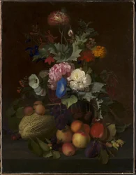 Stilleben med frukt og blomster