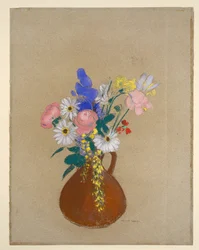 Blomsterbukett i brun leirvase