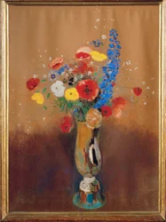 Bukett med markblomster i en vase med lang hals (gouache)