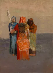 Les Moires (De tre skjebnene) (skjebnens tre guder fra gammel mytologi eller romernes skjebner) - Maleri av Odilon Redon (1840-1916), olje på lerret (32,4 x 23,8 cm)