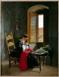 Risorgimento: «Kvinne som syr et italiensk flagg den 26/04/1859», maleri av Odoardo Borrani (1834-1905), 1859, milanesisk privatsamling