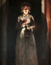 Woman with Candle, av Odoardo Borrani (1833-1905), Olje på tre, 38,5x25,5 cm