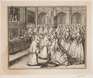 Biskop Hersleb salver dronning Louise i Frederiksborg slottskirke. Illustrasjon til Frederik IVs salvingsakt