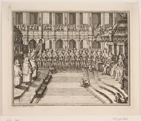 Kong Frederik V og dronning Louise under salvingshøytideligheten i Frederiksborg slottskirke. Illustrasjon til Frederik IVs salvingsakt