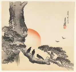 Kråker på en trestamme, Meiji-perioden, ca. 1890-1910 (treblokktrykk i farger)
