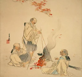 Drinking Sake under a Maple Tree, ca. 1890-1900-tallet (farget treblokktrykk)