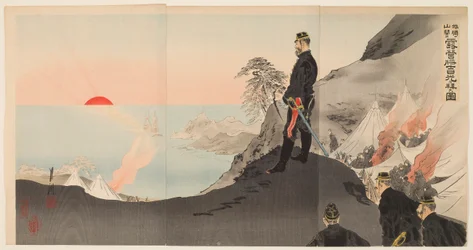 Offiserer og menn som beundrer den stigende solen mens de bivuakk i fjellene i Port Arthur