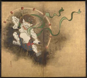 Le dieu de la tempete (Tordenguden) Venstre del av en topanelsskjerm - Verk av Ogata Korin (1658-1716), akvarell og blekk på papir, tidlig på 1700-tallet, japansk kunst, østlig mytologi - Tokyo nasjonalmuseum, Japan