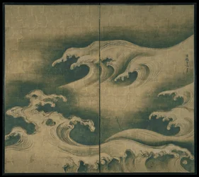Rough Waves, to-panels foldeskjerm, ca. 1704-9 (blekk, farge og bladgull på papir)