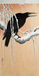 En ravn på en snødekt gren Xylografi og japansk trykk av Ohara Koson (1877-1945) 1910 Privat samling DR