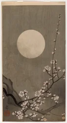 Blomstrende plomme og måne (farget treblokktrykk)