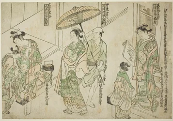 Kurtisaner tegnet i Osaka-stil (til høyre), Kyoto-stil (midt) og Edo-stil (til venstre), fra "Courtesans of the Three Capitals: A Set of Three (Sanga no tsu keisei sanpukutsui)"