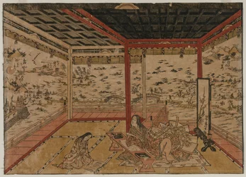 Lady Murasaki ved Ishiyama med utsikt over et panorama med syv utsikter over innsjøen Biwa, 1740-tallet.