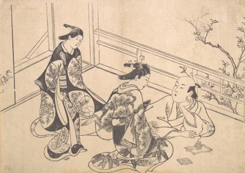 Skuespilleren Ichimura Takenojo liggende på en balkong, ca. 1715., ca. 1715.