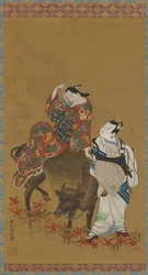 To kabuki-skuespillere i rollene som en kurtisane på en vannbøffel og en reisende prest, 1686-1764.