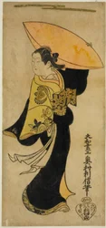 Skuespilleren Fujimura Handayu II som Nowake no Mae i stykket "Tategami Teika Kazura," opptrådte på Ichimura Theatre i den ellevte måneden, 1719