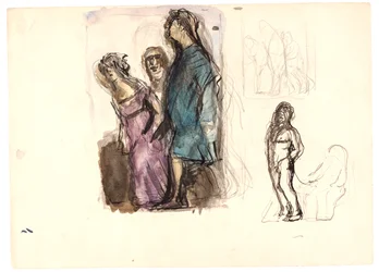 Fargelagt skisse for "Diogenes" og to andre skisser