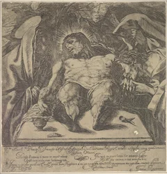 Klagesang over Kristi legeme av de tre Mariane, en krukke med salve på bordet til ..., 1615.