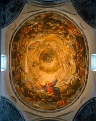 Innsiden av kuppelen. Freske som skildrer Jomfruens himmelfart av Orazio og Girolamo Riminaldi (1600-tallet)