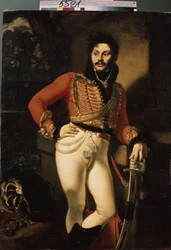 Portrett av husar-oberst Eugraph Davydov (1775-1823). (Portrett av husar-obersten E. Davydov). Maleri av Oreste Adamovich Kiprensky (Kiprenski) (1782-1836), olje på lerret