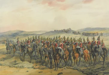 4. og 5. Dragoon Guards, Line of Heavy Dragoons før angrepet ved Balaclava (penn og blekk og akvarell på papir)