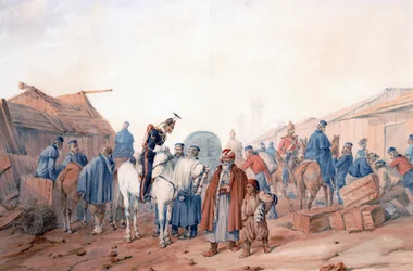Forsyningsbase til den britiske hæren ved Balaclava (Balaklava) havn - Norie, Orlando (1832-1901) - 1854 - Akvarell på papir - 36,3x52,6 - Privat samling