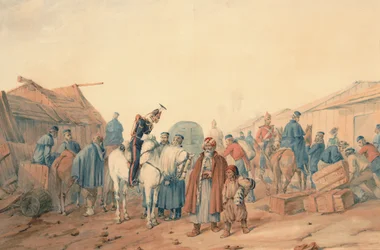 Forsyningsbase til den britiske hæren ved Balaclava-havnen, 1854