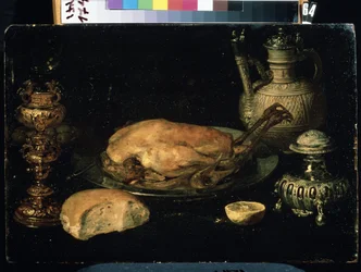 ""Stilleben av kylling, sitron, brød, sølvtøy og oljelampe"" (stilleben) Maleri av Osias Beert den eldste (1580-1624) Mikhail Kroshitsky kunstmuseum fra 1600-tallet, Sevastopol (Sevastopol) Ukraina