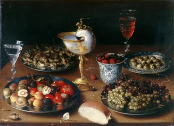 Stilleben med Nautilus-kopp, frukt, nøtter og vin, ca. 1610 (olje på eikeplate)