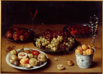 Stilleben av frukt og glass Et bord dekket med plommer, aprikoser, fersken, pærer, druer, bringebær og et glass rødvin. Maleri av Osias Beert I ou l'Ancien (1570-1624) 1600-tallets søn. 0,51x0,73 m Grenoble, Musee des Beaux Arts