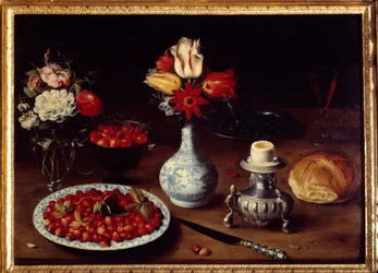 Stilleben med blomstervase Buketter av tulipaner og nelliker med kirsebær, markjordbær, kokt egg (eggekopp) og brød. Maleri av Osias Beert I ou l'Ancien (1570-1624) 1600-tallets søn. 0,52x0,73 m Grenoble, Musee des Beaux Arts