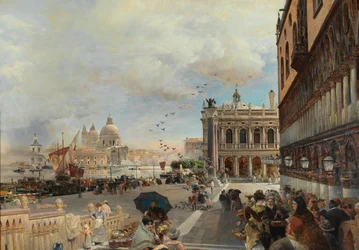 Venezia, utsikt over Piazzetta, med Biblioteca Marciana, Santa Maria della Salute og Dogana