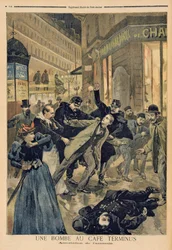 En bombe på Café Terminus, arrestasjonen av morderen, illustrasjon fra «Le Petit Journal», 26. februar 1894