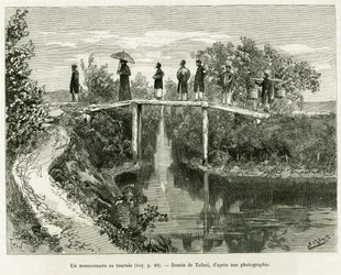 En misjonær i sin tur. Gravering av Tofani, for å illustrere historien Trente mois au Tonkin, i 1884, av doktor Paul Hocquard, i le tour du monde 1890, under ledelse av Edouard Charton (1807-1890), Hachette, Paris.