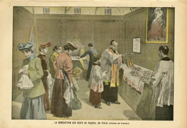 Illustrasjon av Oswaldo Tofani (1849-1915) i Le Pelerin, 03/04/04 - The Benediction of Easter Eggs in Italy - Italia, Religion Tro, påske, katolsk katolisisme - Egg