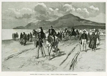 Øyboere skal til messe. Gravering av Tofani, for å illustrere historien Trois mois en Irlande, i 1889, av Marie anne de Bovet, i le tour du monde 1890, regissert av Edouard Charton (1807-1890), Hachette, Paris.
