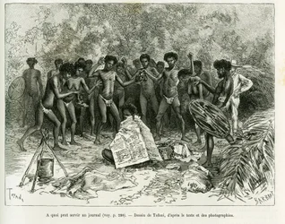 Hva kan en avis brukes til? Gravering av Tofani, for å illustrere historien Chez les cannibales, Journey to North-East Australia