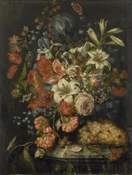 Stilleben med blomster og frukt