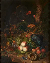 Stilleben av frukt og blomster (olje på lerret)