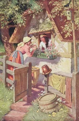 Den onde dronningen, forkledd som en gammel kvinne, tilbyr Snøhvit det forgiftede eplet, illustrasjon fra Grimms eventyr «Snøhvit og de syv dvergene», ca. 1900
