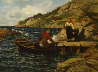 Fisker, kvinne og barn ved kaia
