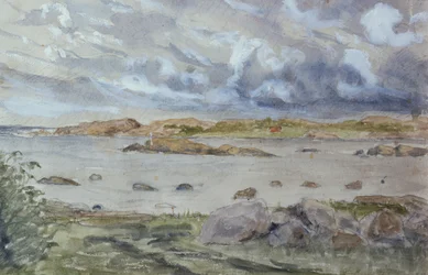 Hav- og landskapsskisse (akvarell og blyant på papir)