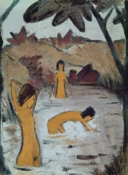 Tre badegjester i dammen. Rundt 1912